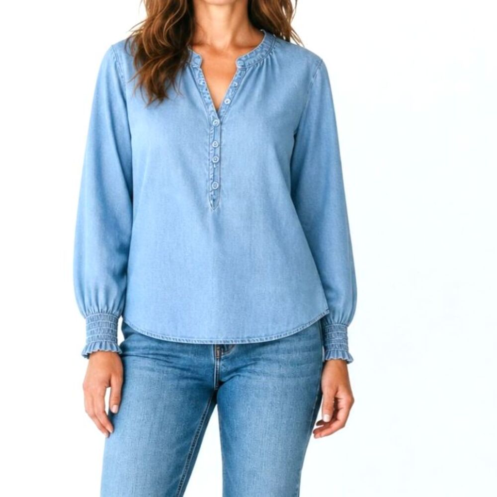 Cloth & Stone Chambray Peasant Western Boho Blouse Size Large in Blue